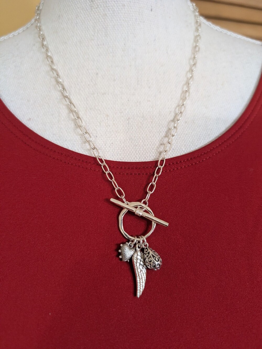 Calvin Klein Silver Toggle Necklace with Wing, Heart & Textured Charms NEW!